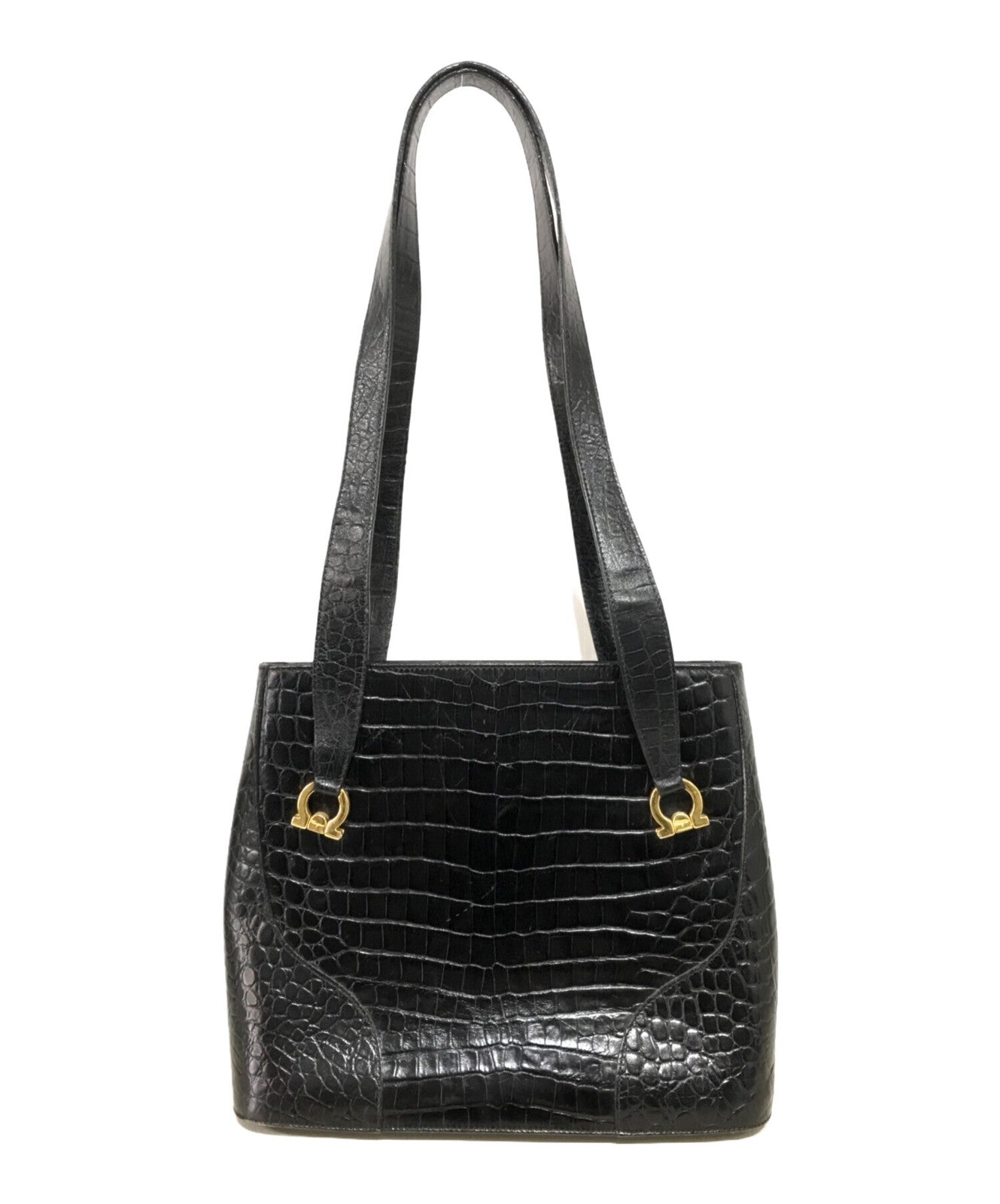 Salvatore Ferragamo Hand Bag Tote Purse Gancini Black Authentic