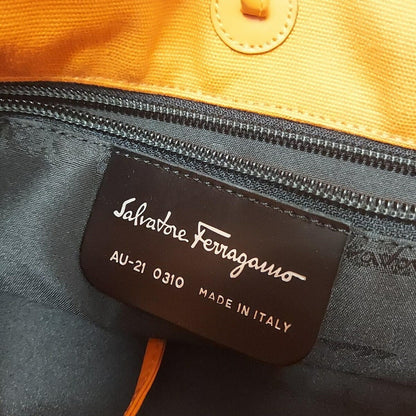 Salvatore Ferragamo Hand Bag Tote Purse Canvas Leather Orange White Authentic