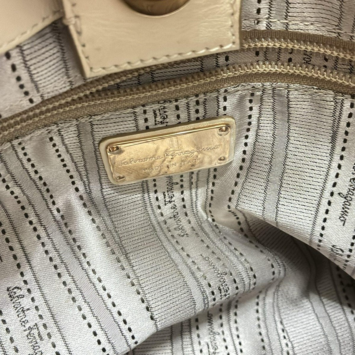 Salvatore Ferragamo Hand Bag Tote Purse Vara Leather Polyester Beige Authentic