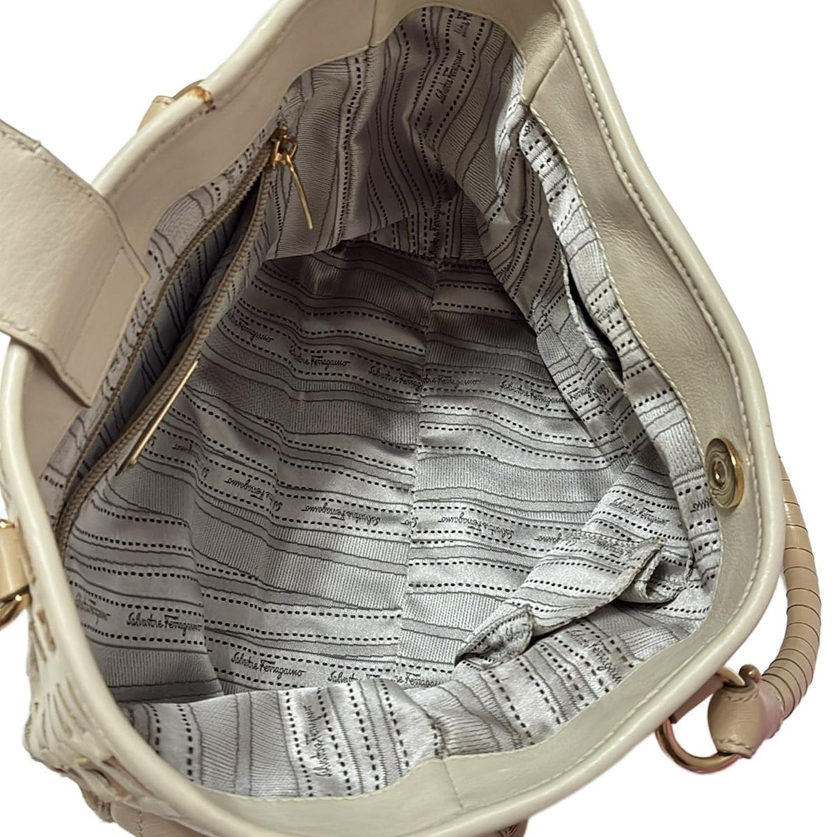 Salvatore Ferragamo Hand Bag Tote Purse Vara Leather Polyester Beige Authentic