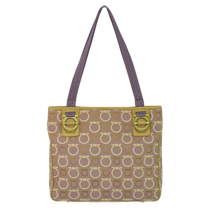 Salvatore Ferragamo Hand Bag Tote Purse Gancini Canvas Purple Beige Authentic