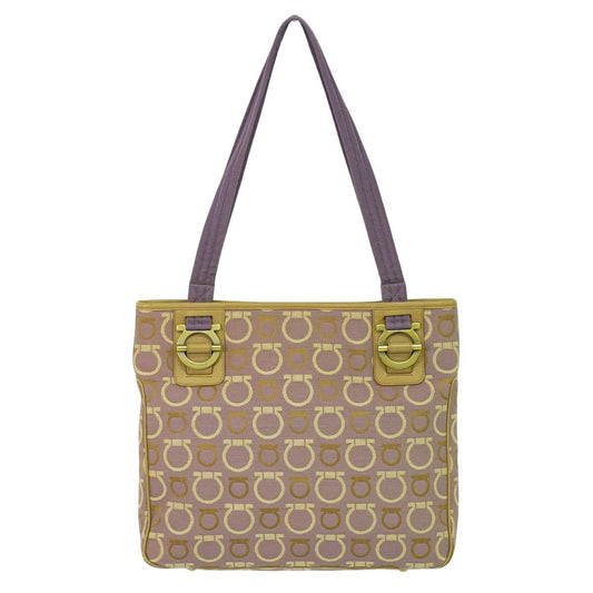 Salvatore Ferragamo Hand Bag Tote Purse Gancini Canvas Purple Beige Authentic