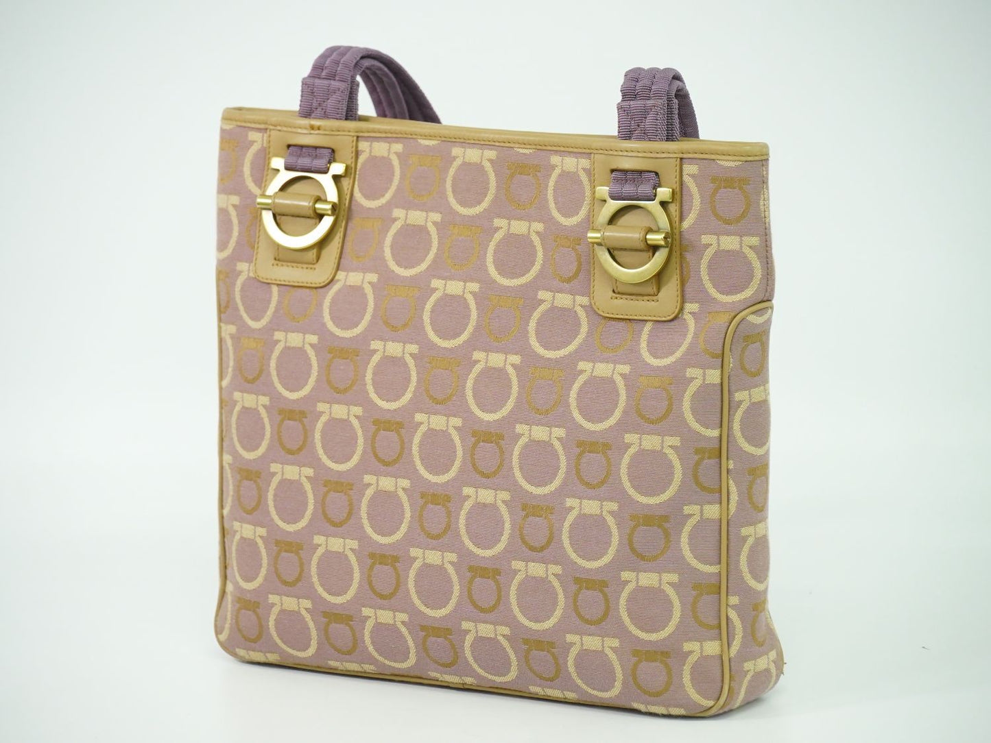 Salvatore Ferragamo Hand Bag Tote Purse Gancini Canvas Purple Beige Authentic