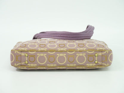 Salvatore Ferragamo Hand Bag Tote Purse Gancini Canvas Purple Beige Authentic