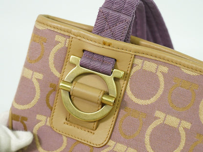 Salvatore Ferragamo Hand Bag Tote Purse Gancini Canvas Purple Beige Authentic