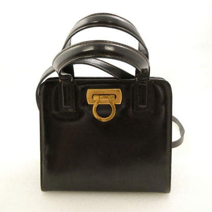 Salvatore Ferragamo Hand Shoulder Bag Tote Purse 2way Gancini Leather Brown Auth