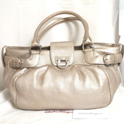Salvatore Ferragamo Hand Bag Tote Purse Gancini Leather Champagne Gold Authentic