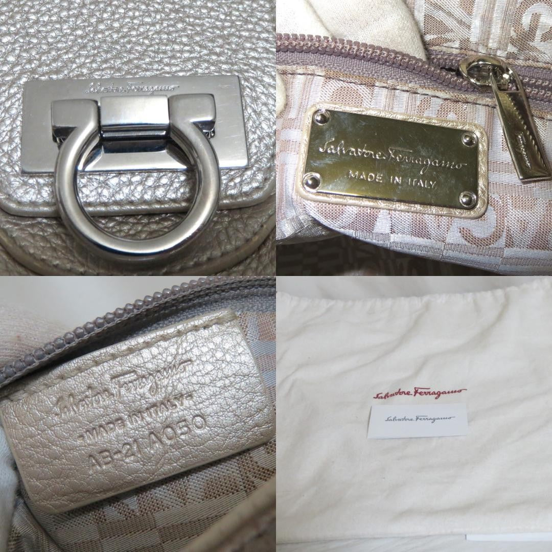 Salvatore Ferragamo Hand Bag Tote Purse Gancini Leather Champagne Gold Authentic