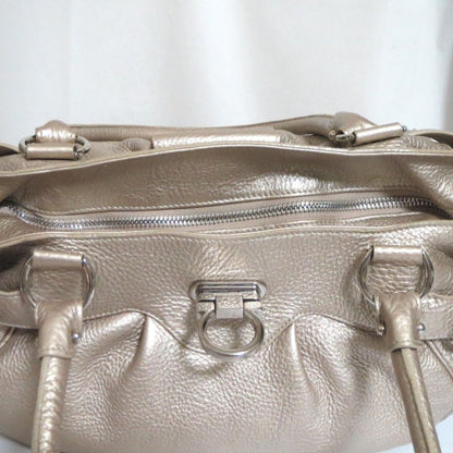 Salvatore Ferragamo Hand Bag Tote Purse Gancini Leather Champagne Gold Authentic