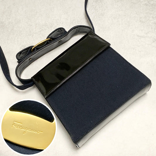 Salvatore Ferragamo Bag Ribbon Shoulder Purse Leather Canvas Black Gold Navy