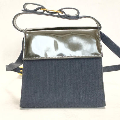 Salvatore Ferragamo Bag Ribbon Shoulder Purse Leather Canvas Black Gold Navy