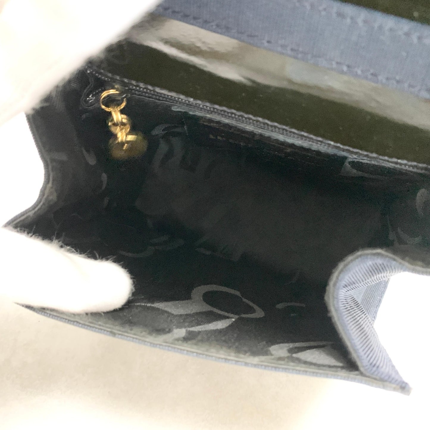 Salvatore Ferragamo Bag Ribbon Shoulder Purse Leather Canvas Black Gold Navy