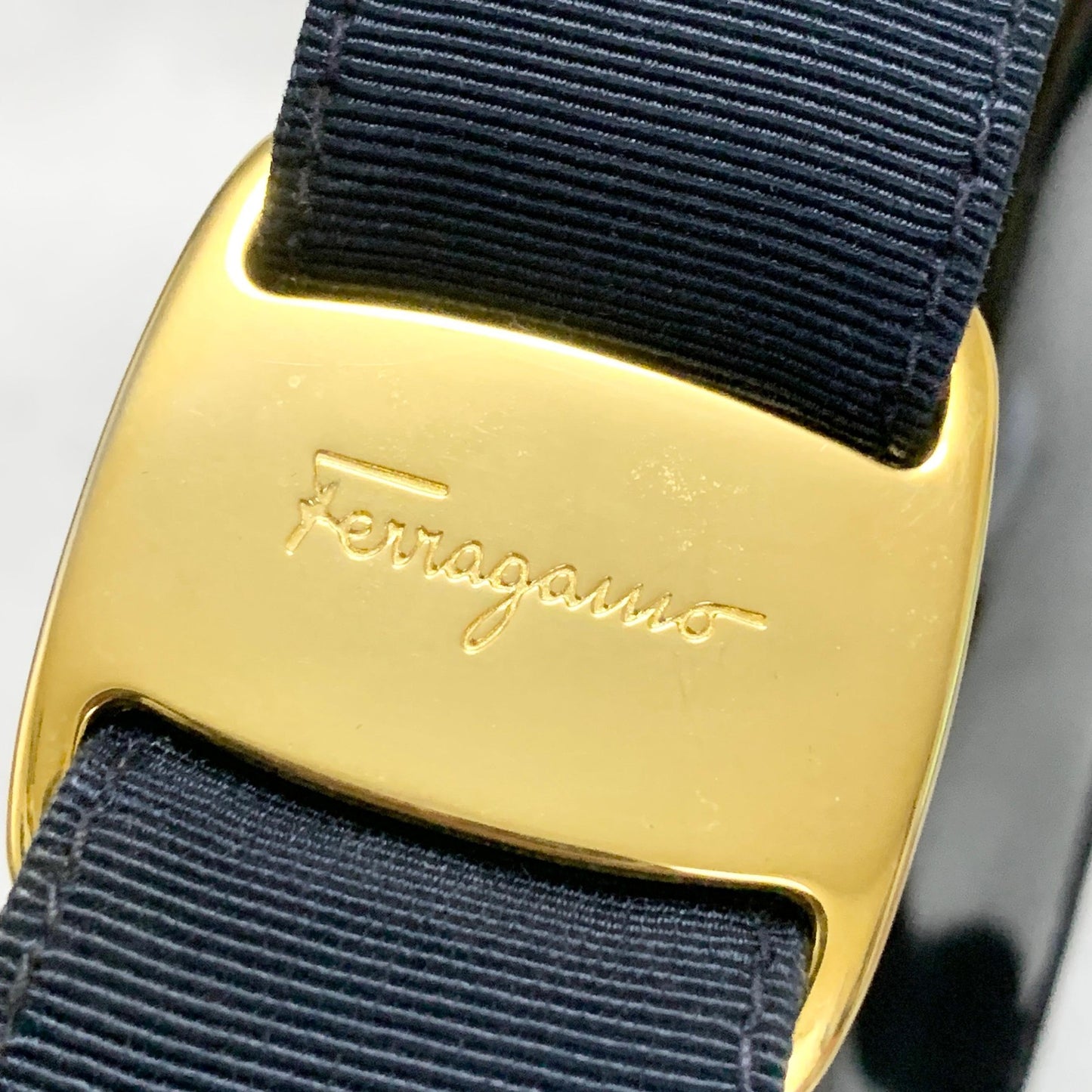 Salvatore Ferragamo Bag Ribbon Shoulder Purse Leather Canvas Black Gold Navy