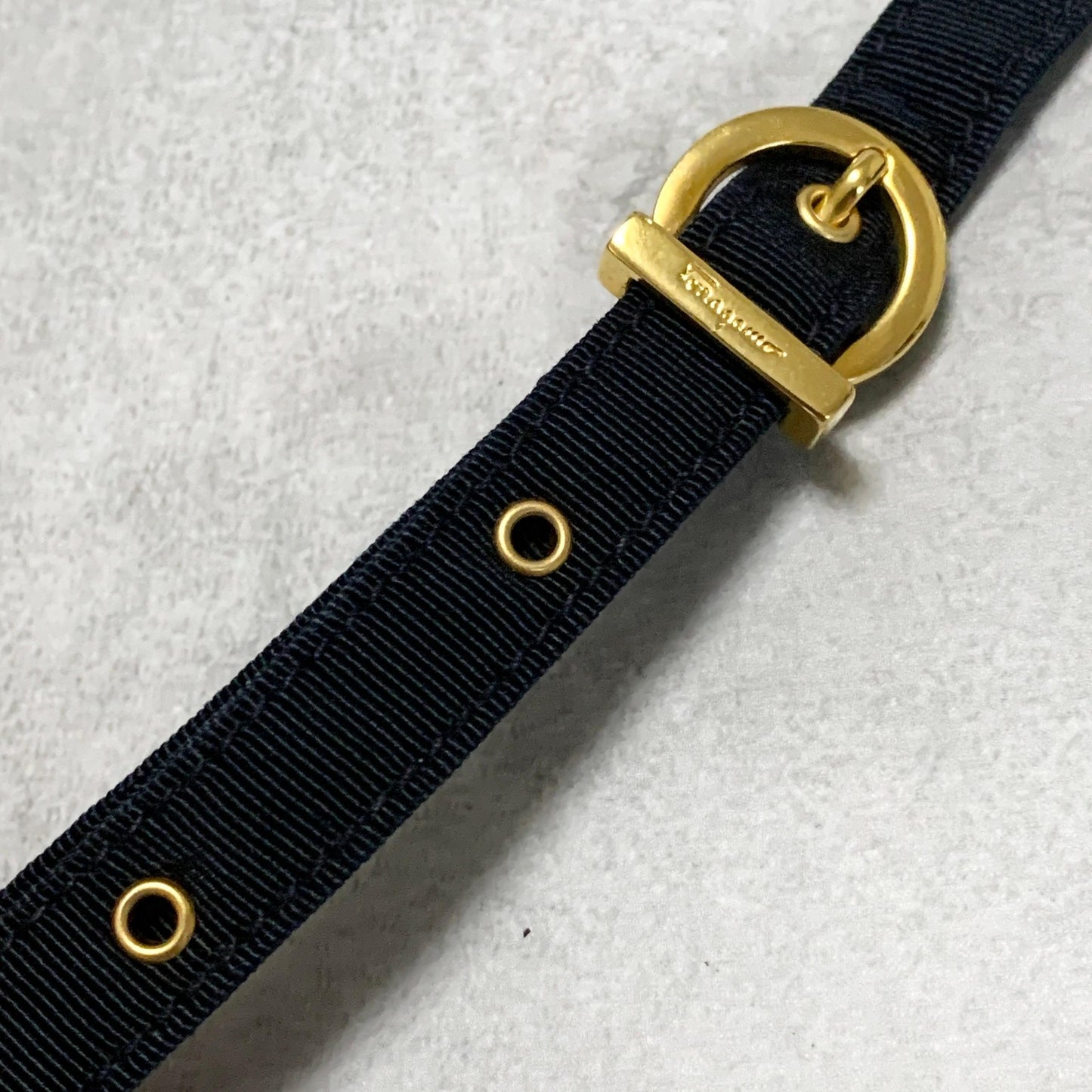 Salvatore Ferragamo Bag Ribbon Shoulder Purse Leather Canvas Black Gold Navy