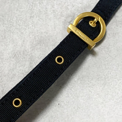 Salvatore Ferragamo Bag Ribbon Shoulder Purse Leather Canvas Black Gold Navy