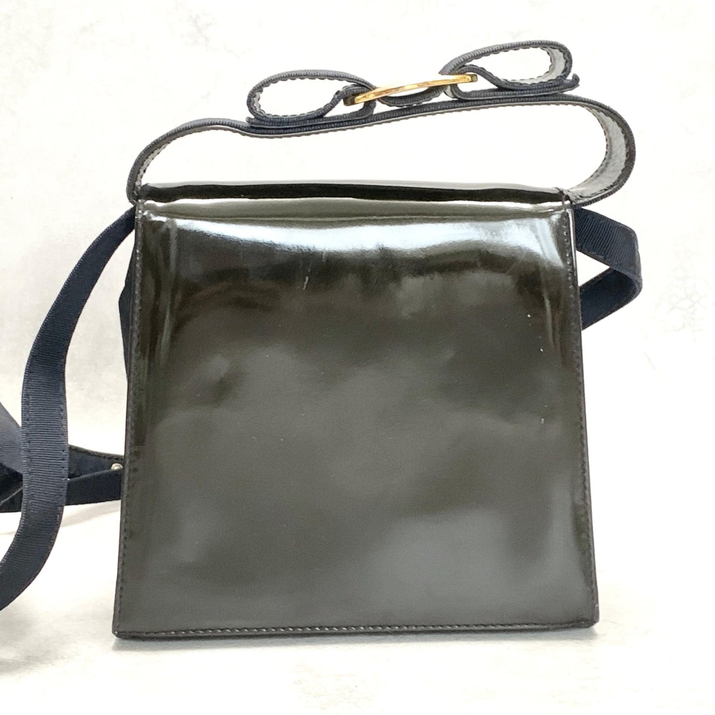 Salvatore Ferragamo Bag Ribbon Shoulder Purse Leather Canvas Black Gold Navy