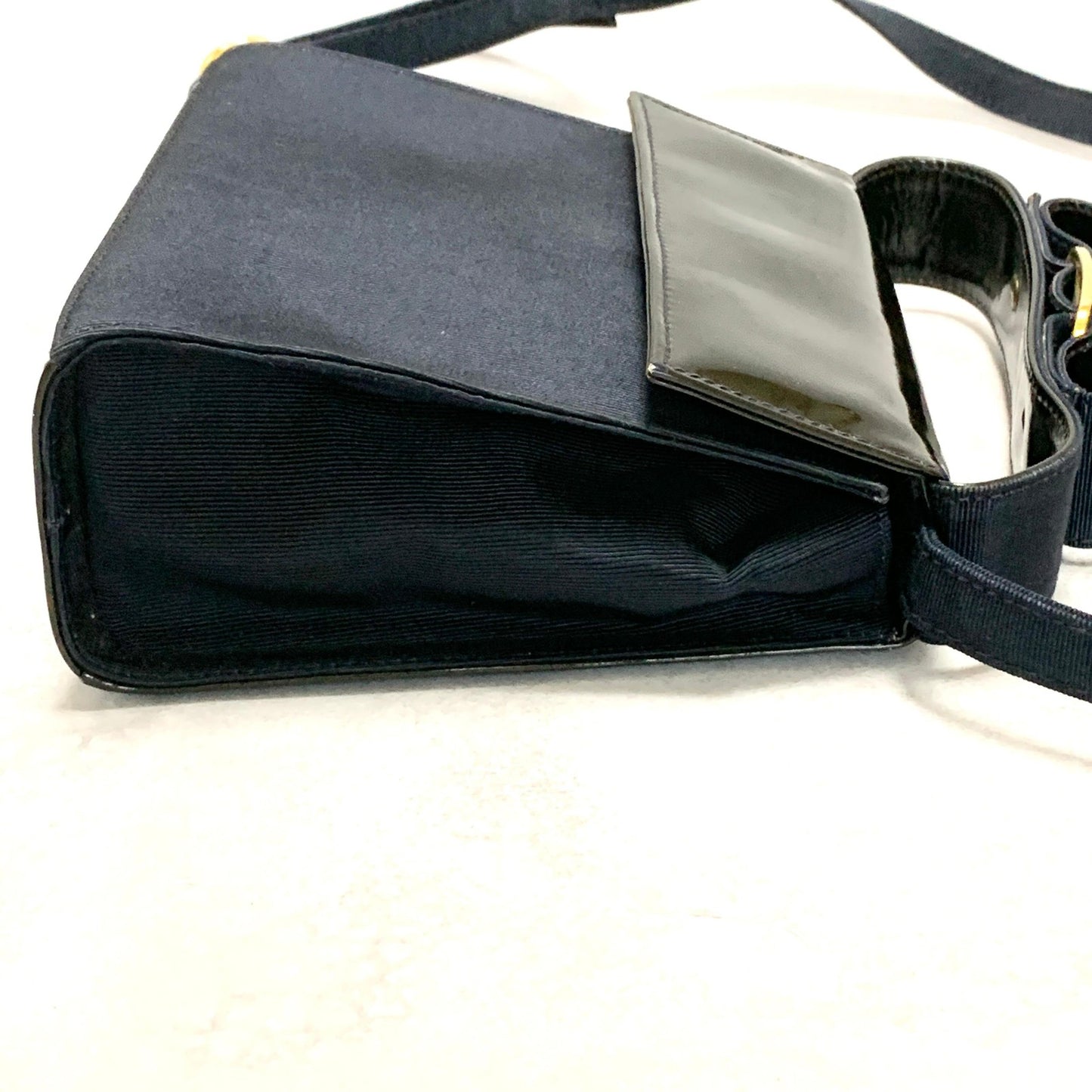 Salvatore Ferragamo Bag Ribbon Shoulder Purse Leather Canvas Black Gold Navy