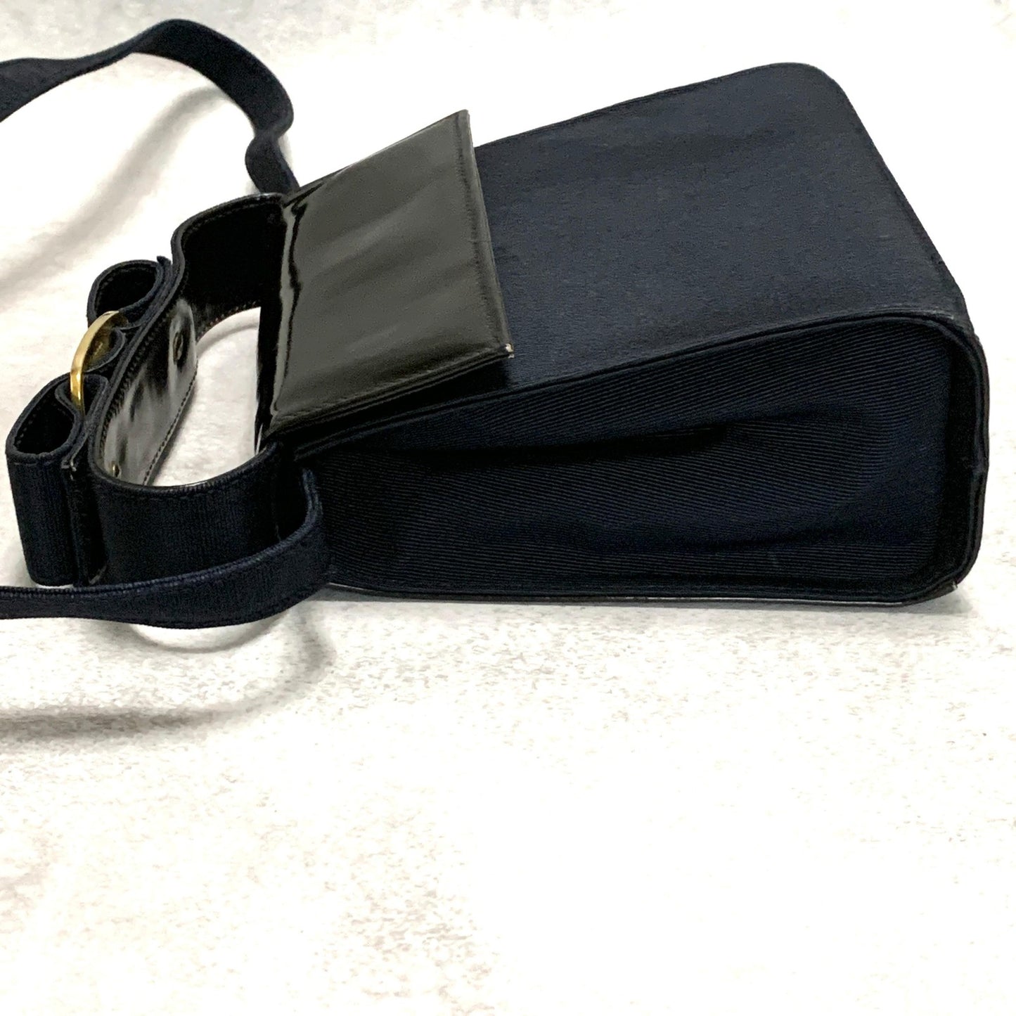 Salvatore Ferragamo Bag Ribbon Shoulder Purse Leather Canvas Black Gold Navy