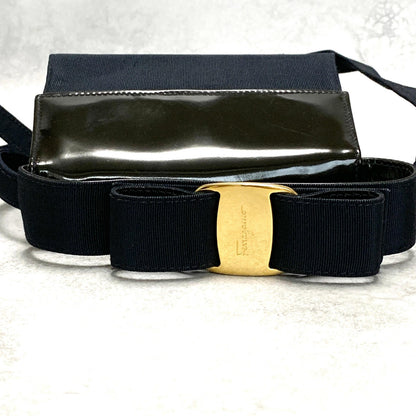 Salvatore Ferragamo Bag Ribbon Shoulder Purse Leather Canvas Black Gold Navy