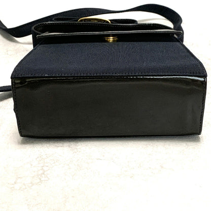 Salvatore Ferragamo Bag Ribbon Shoulder Purse Leather Canvas Black Gold Navy