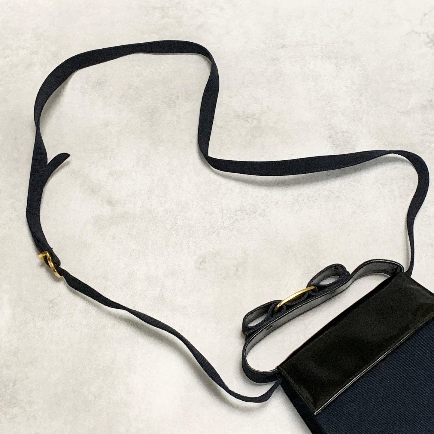 Salvatore Ferragamo Bag Ribbon Shoulder Purse Leather Canvas Black Gold Navy