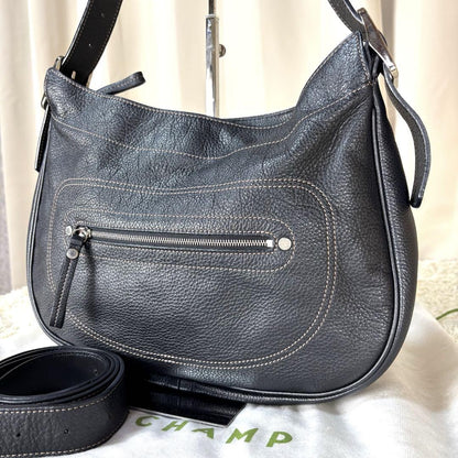 Longchamp Hand Shoulder Bag Tote Purse 2way Leather Black Authentic