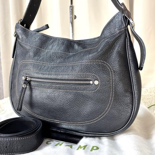 Longchamp Hand Shoulder Bag Tote Purse 2way Leather Black Authentic
