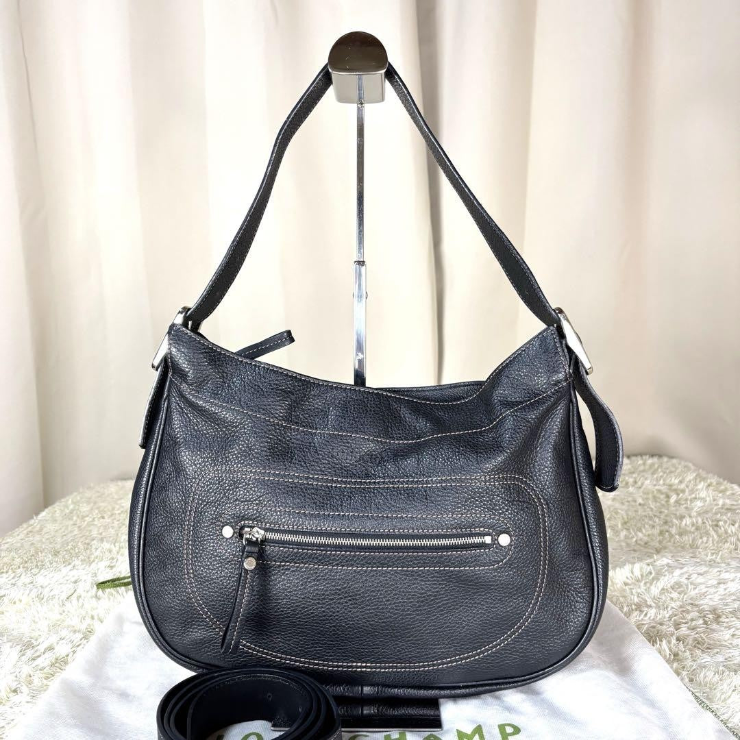 Longchamp Hand Shoulder Bag Tote Purse 2way Leather Black Authentic