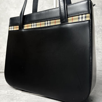 BURBERRY Hand Bag Tote Purse Nova Check Leather Black Authentic