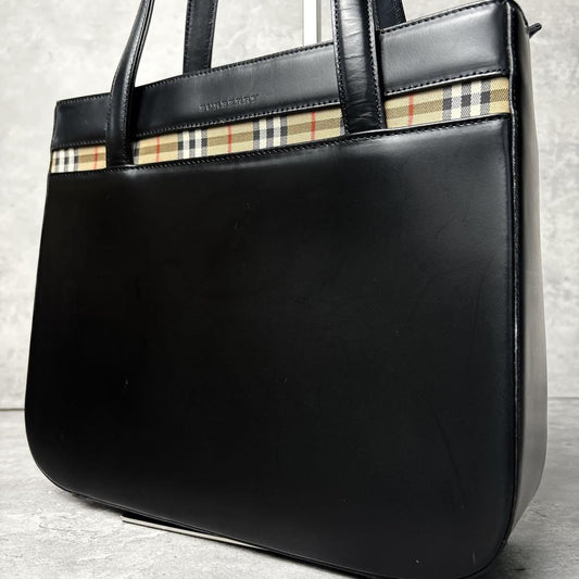 BURBERRY Hand Bag Tote Purse Nova Check Leather Black Authentic