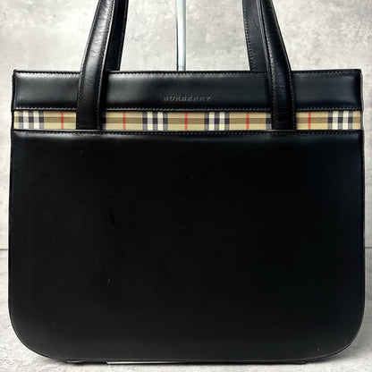 BURBERRY Hand Bag Tote Purse Nova Check Leather Black Authentic
