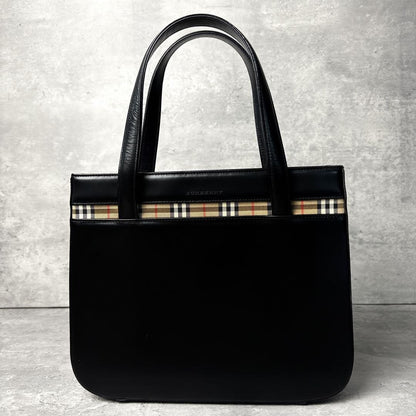 BURBERRY Hand Bag Tote Purse Nova Check Leather Black Authentic