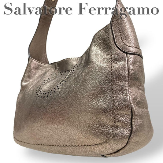 Salvatore Ferragamo Shoulder Bag Purse Gancini Leather Silver Authentic