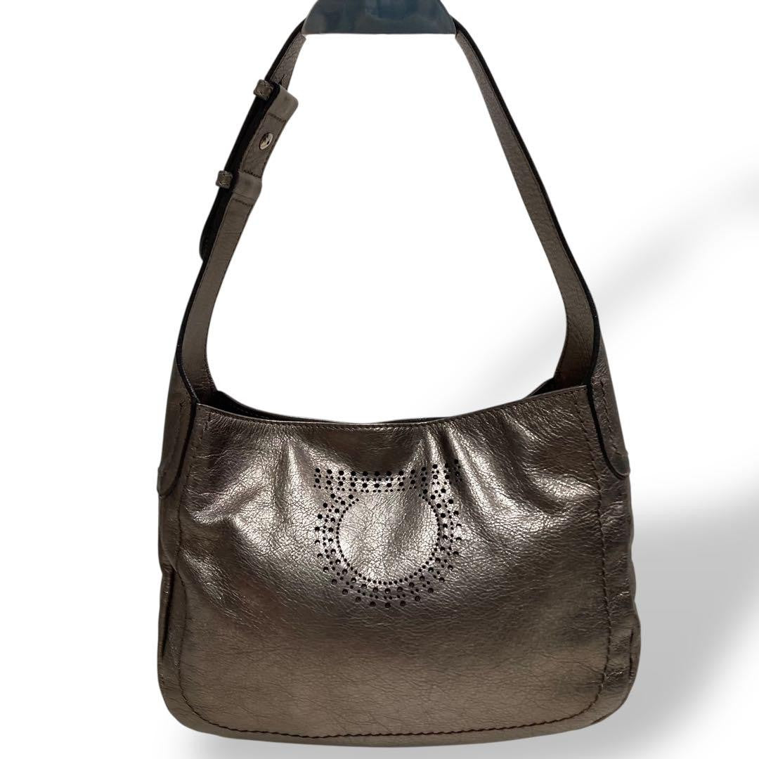 Salvatore Ferragamo Shoulder Bag Purse Gancini Leather Silver Authentic