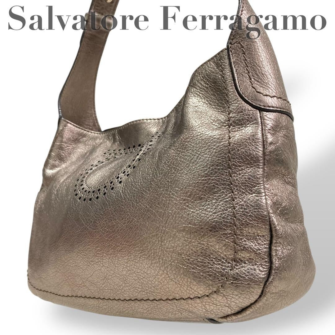 Salvatore Ferragamo Shoulder Bag Purse Gancini Leather Silver Authentic