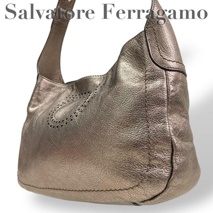 Salvatore Ferragamo Shoulder Bag Purse Gancini Leather Silver Authentic