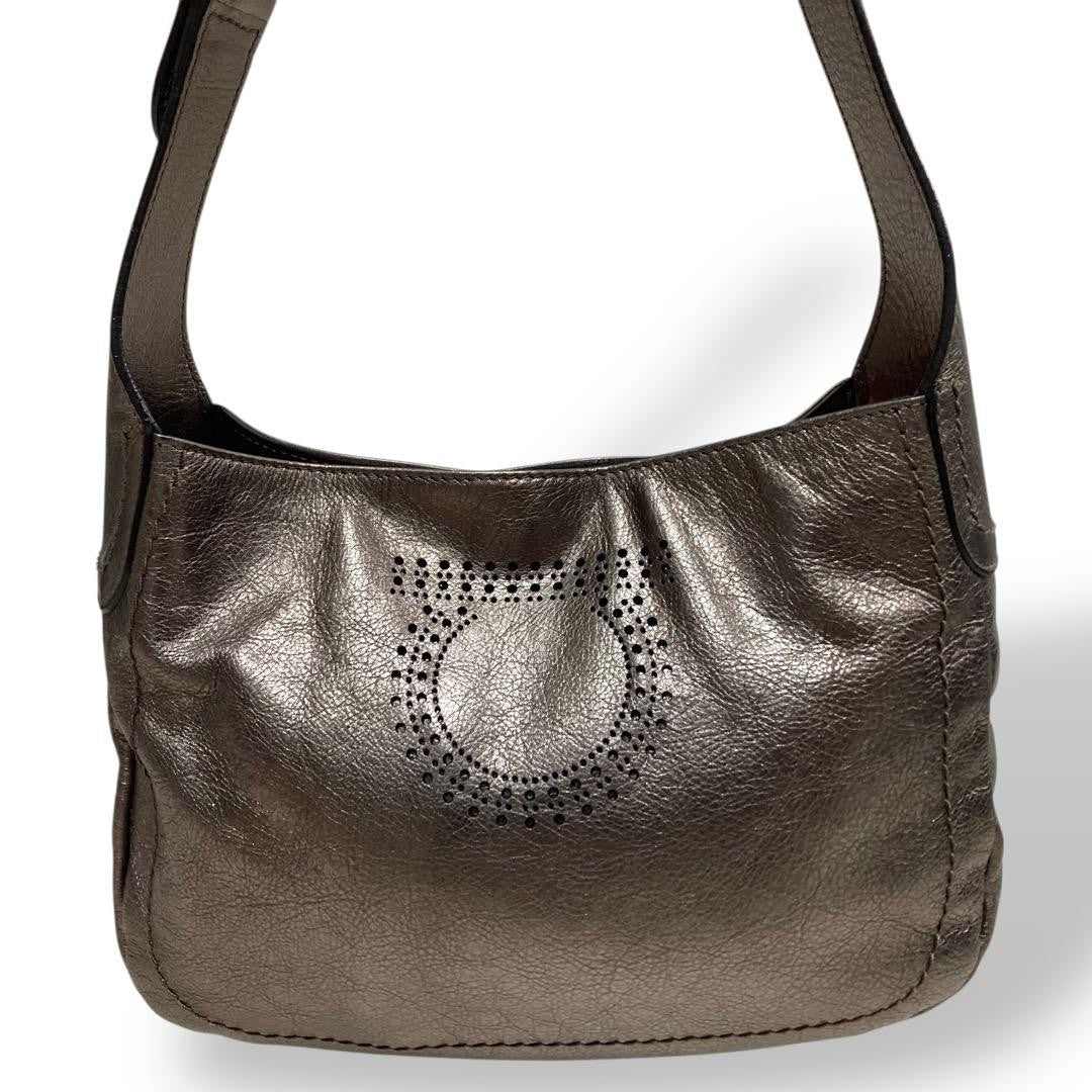 Salvatore Ferragamo Shoulder Bag Purse Gancini Leather Silver Authentic