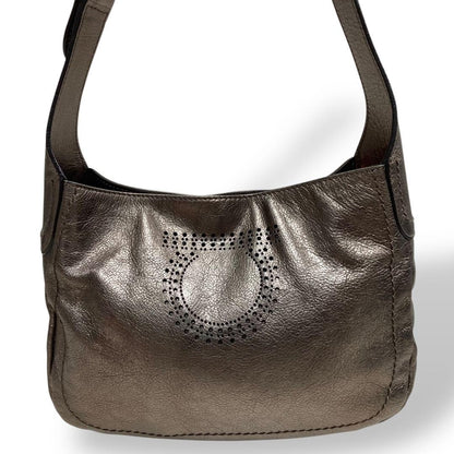 Salvatore Ferragamo Shoulder Bag Purse Gancini Leather Silver Authentic