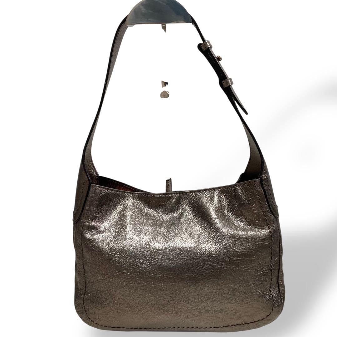 Salvatore Ferragamo Shoulder Bag Purse Gancini Leather Silver Authentic