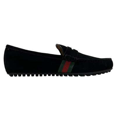 GUCCI Driving Shoes Shelly Low-Cut EU 41.5 US 8 Suede Black Green Red Authentic