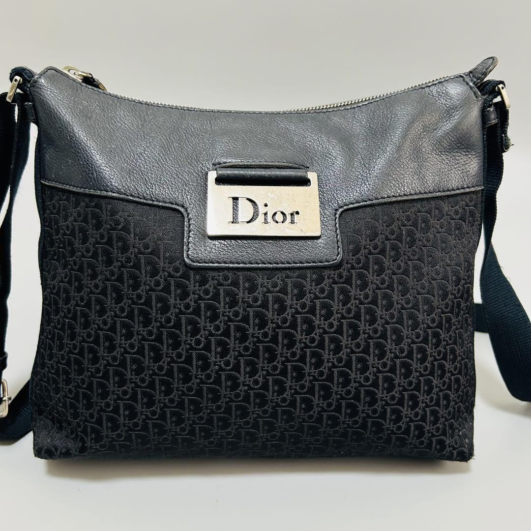 Christian Dior Shoulder Bag Purse Trotter Canvas Leather Black Authentic