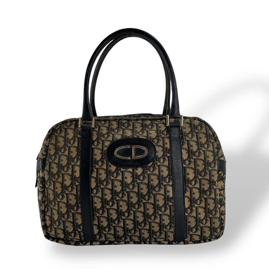 Christian Dior Hand Bag Tote Purse Mini Boston Trotter Canvas Leather Navy Auth