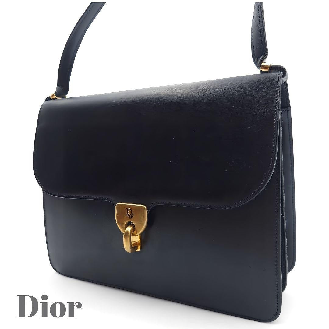 Christian Dior Hand Shoulder Bag Tote Purse Logo Leather Navy Authentic
