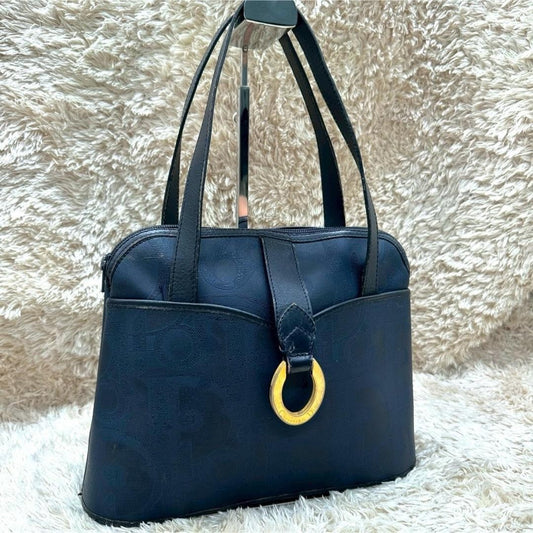 Christian Dior Hand Bag Tote Purse Leather Navy Authentic