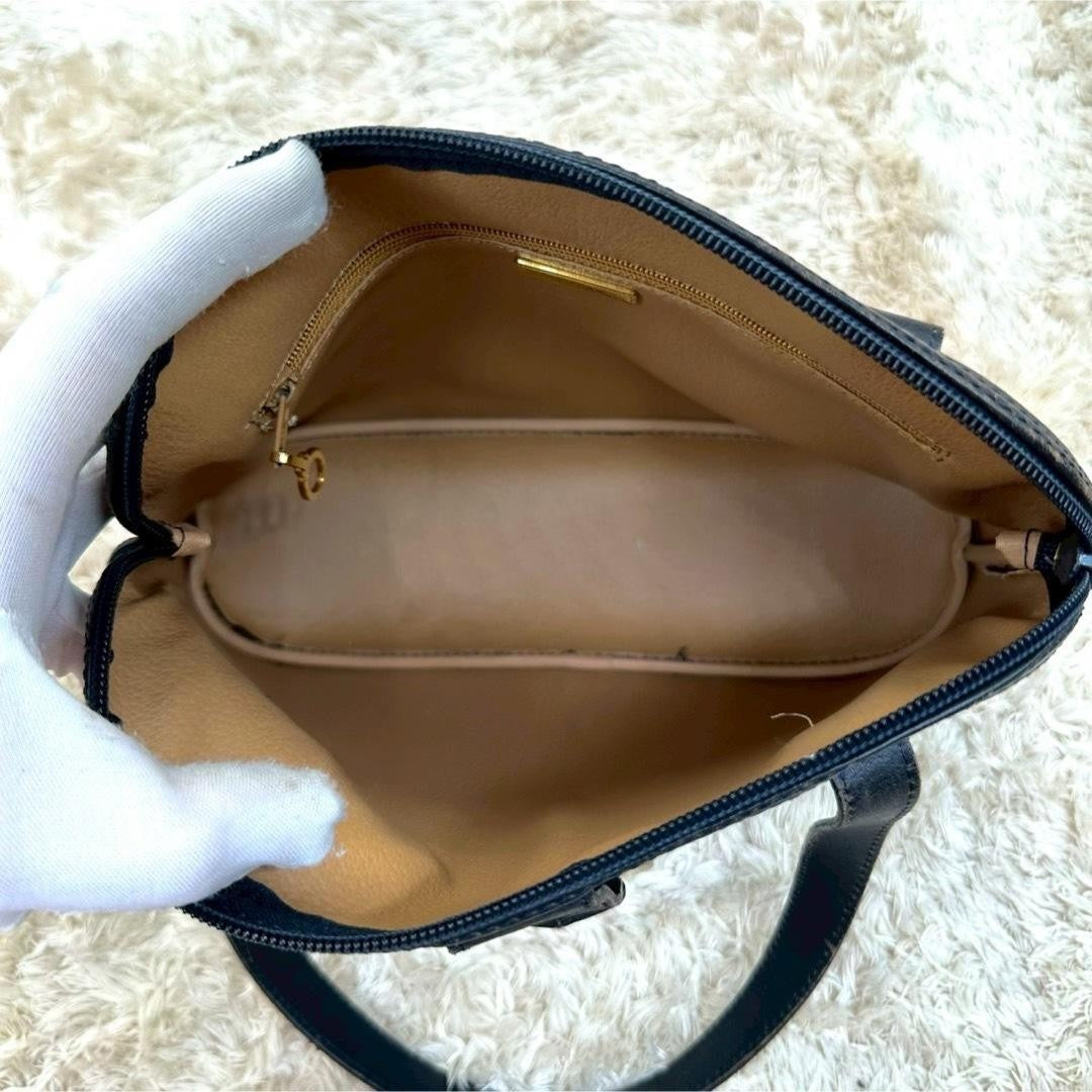 Christian Dior Hand Bag Tote Purse Leather Navy Authentic