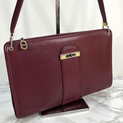 Christian Dior Shoulder Bag Purse CD Leather Wine Red Authentic