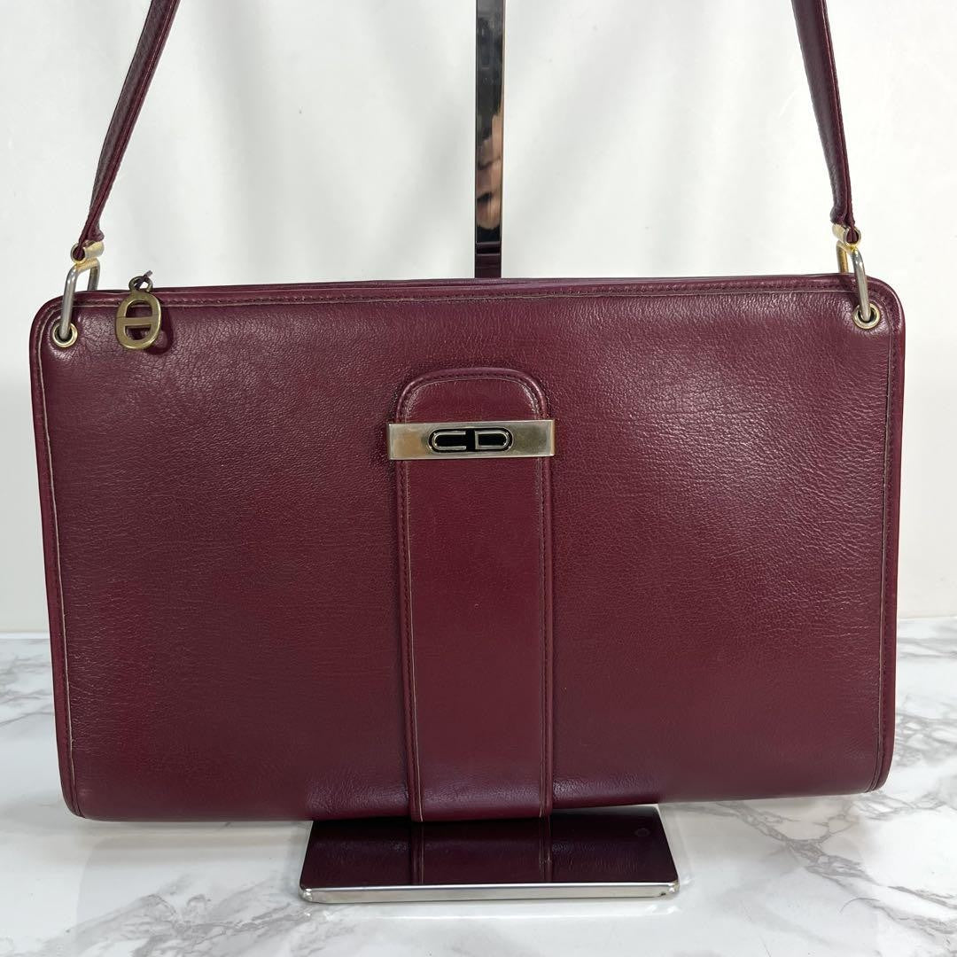 Christian Dior Shoulder Bag Purse CD Leather Wine Red Authentic