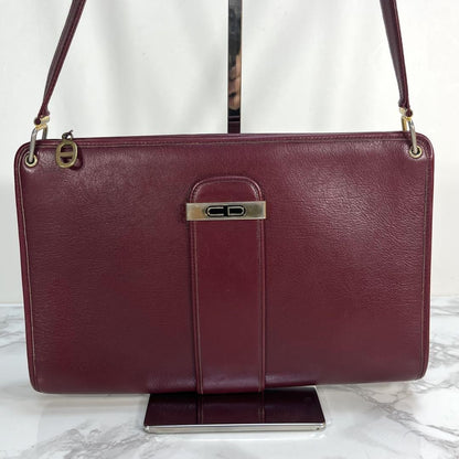 Christian Dior Shoulder Bag Purse CD Leather Wine Red Authentic