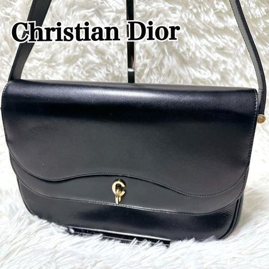 Christian Dior Shoulder Bag Purse CD Leather Black Authentic