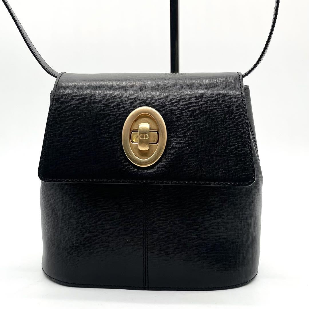 Christian Dior Shoulder Bag Purse CD Leather Black Authentic